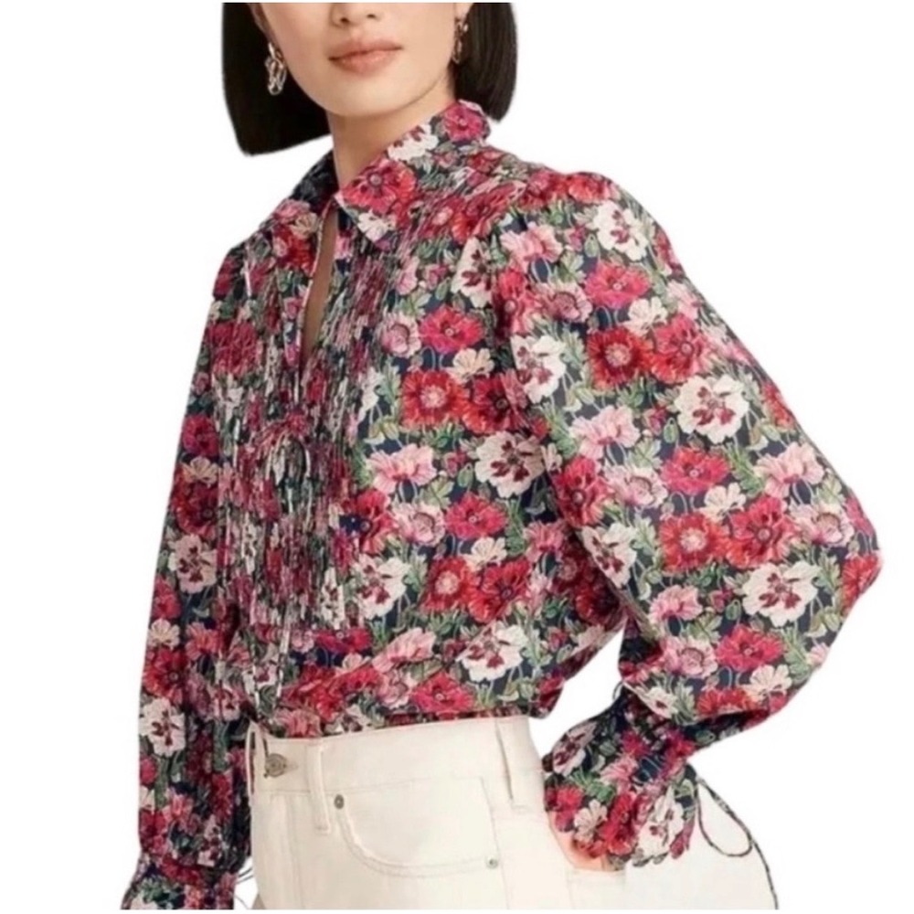 J.Crew Liberty Fabric Floral‎ Poppy Pintuck Ruffle Blouse Red Navy Small